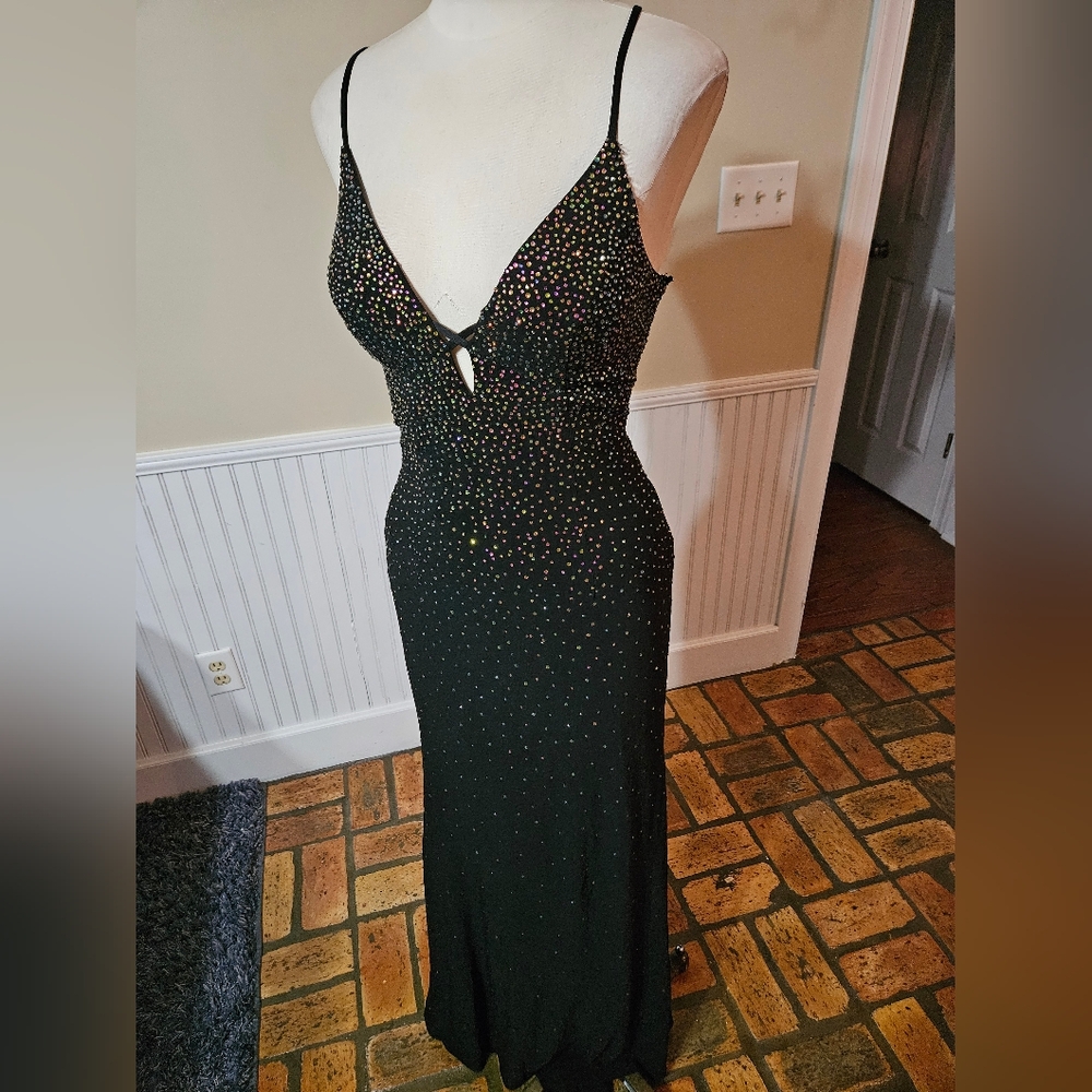 Studio 17 Black Rhinestone-Embellished Spaghetti Strap Gown